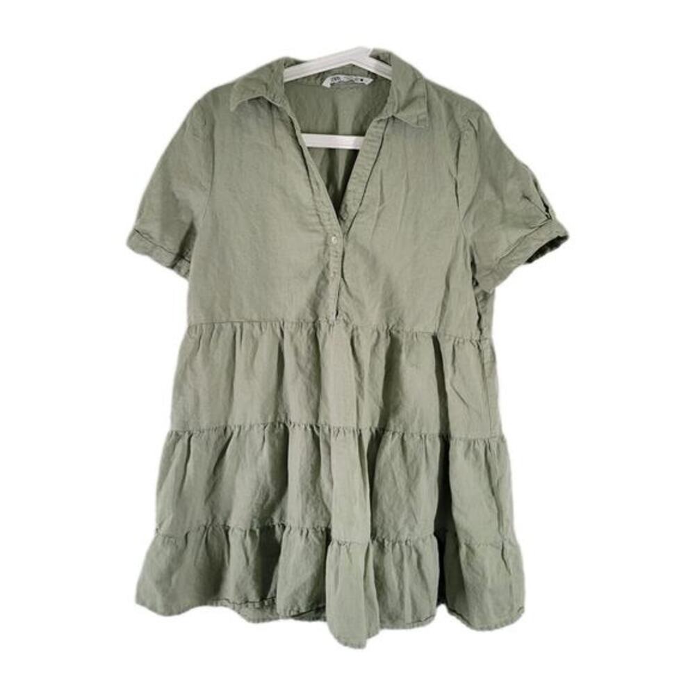 Zara Mini Tunic Shirt Dress Green Linen Blend Tiered‎ Large Coastal Cottage